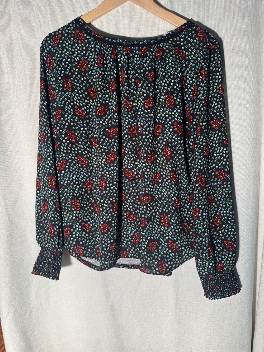 LOFT Black Blouse with Teal and Red Floral Geometric Print